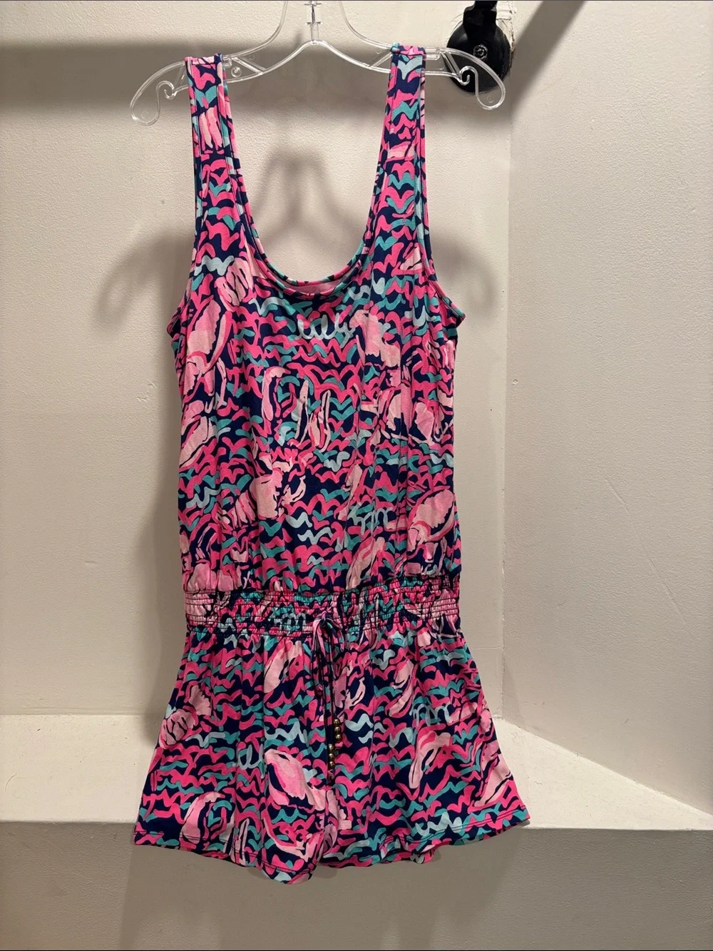 Lilly Pulitzer Navy Romper with Pink and Teal Print